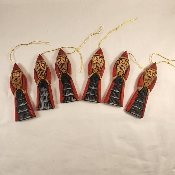 Vintage 6-Wooden Carved Santa Christmas Ornaments - Picture 1 of 2